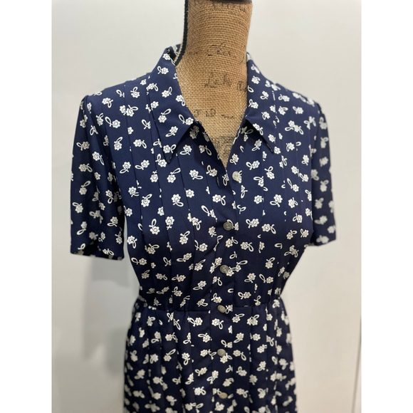 Liz Claiborne VTG Navy & White Floral Button Front Midi Shirt Dress Size 4 90s - Picture 2 of 10